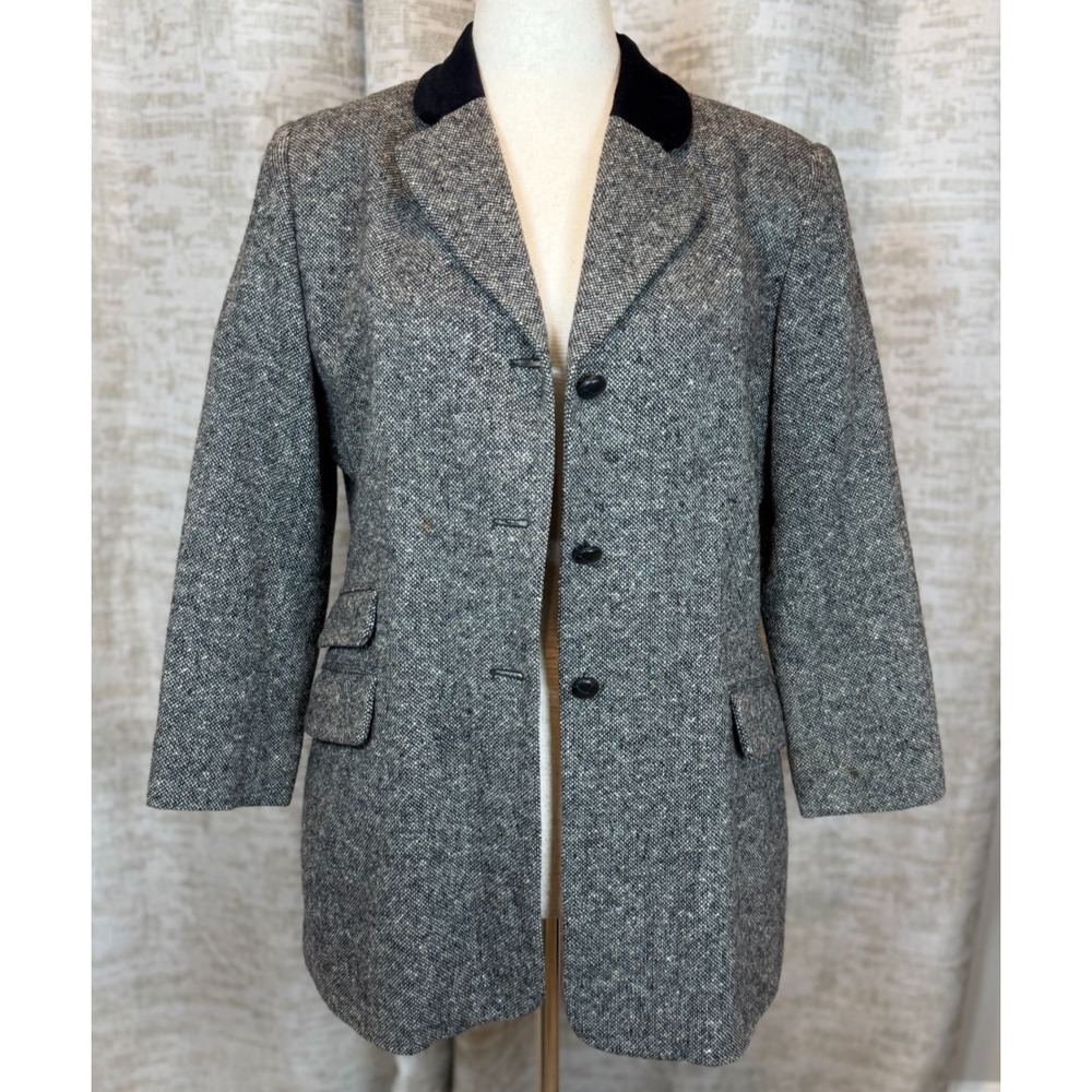 VTG 90s Jennifer Moore 100% Wool Tweed Blazer Velvet Collar 12 Made in Bulgaria